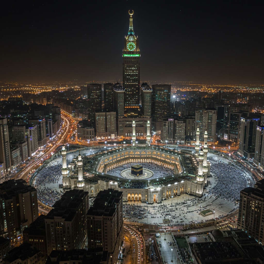 Vue aérienne de nuit de la Grande Mosquée de La Mecque, illuminée et entourée d'une foule immense, avec l'imposante tour de l'horloge en arrière-plan.