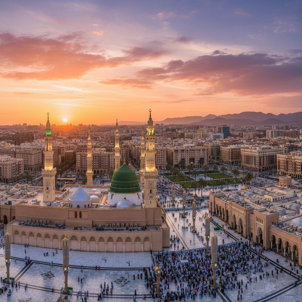 Vue aérienne de la mosquée Al-Nabawi à Médine, avec son dôme vert illuminé sous un ciel de coucher de soleil orange et violet.